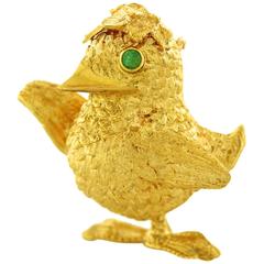 Vintage Whimsical French Bird Brooch in Gold
