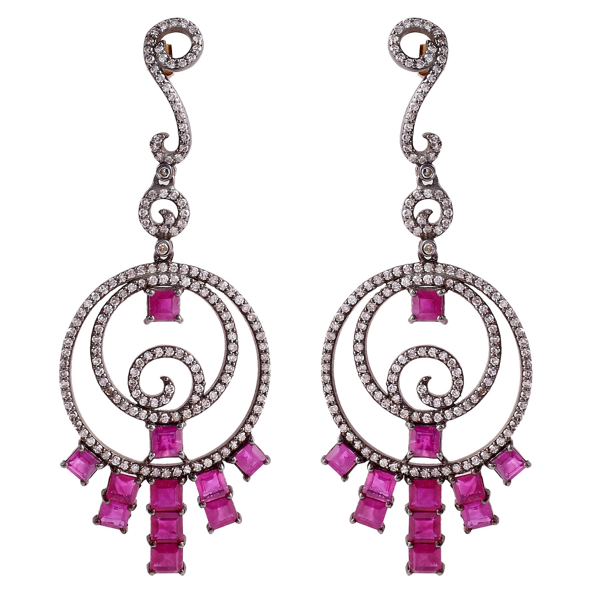 9.49 Carat Diamond and Ruby Victorian Style Drop Earrings