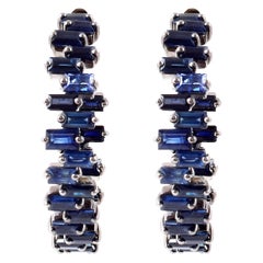 10.57 Carat Baguette-Cut Blue Sapphire Hoop Earrings in Victorian Style