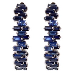 10.57 Carat Baguette-Cut Blue Sapphire Hoop Earrings in Victorian Style