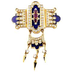 Blue Enamel Ruby Diamond Gold Pendant Brooch