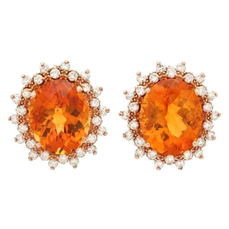 12.30Ct Natural Citrine and Diamond 14K Solid Rose Gold Earrings For Sale