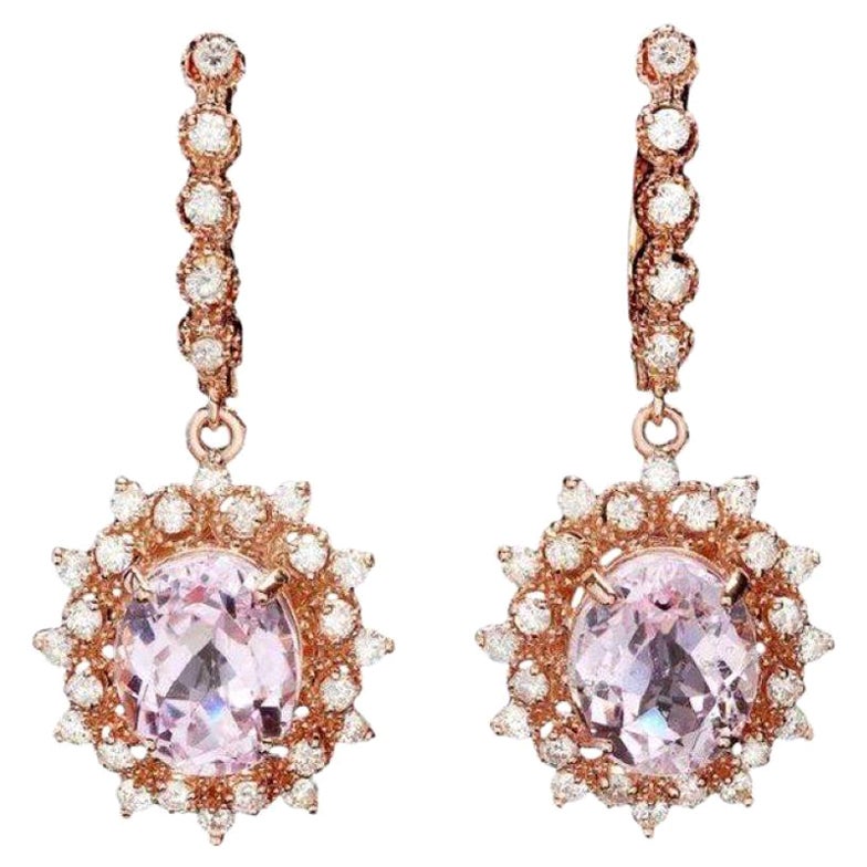 Pendientes de oro rosa macizo de 14 quilates con kunzita natural y diamantes de 10,40 quilates
