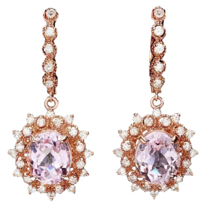 Boucles d'oreilles en or rose massif 14 carats avec kunzite naturelle de 10,40 carats et diamants en vente