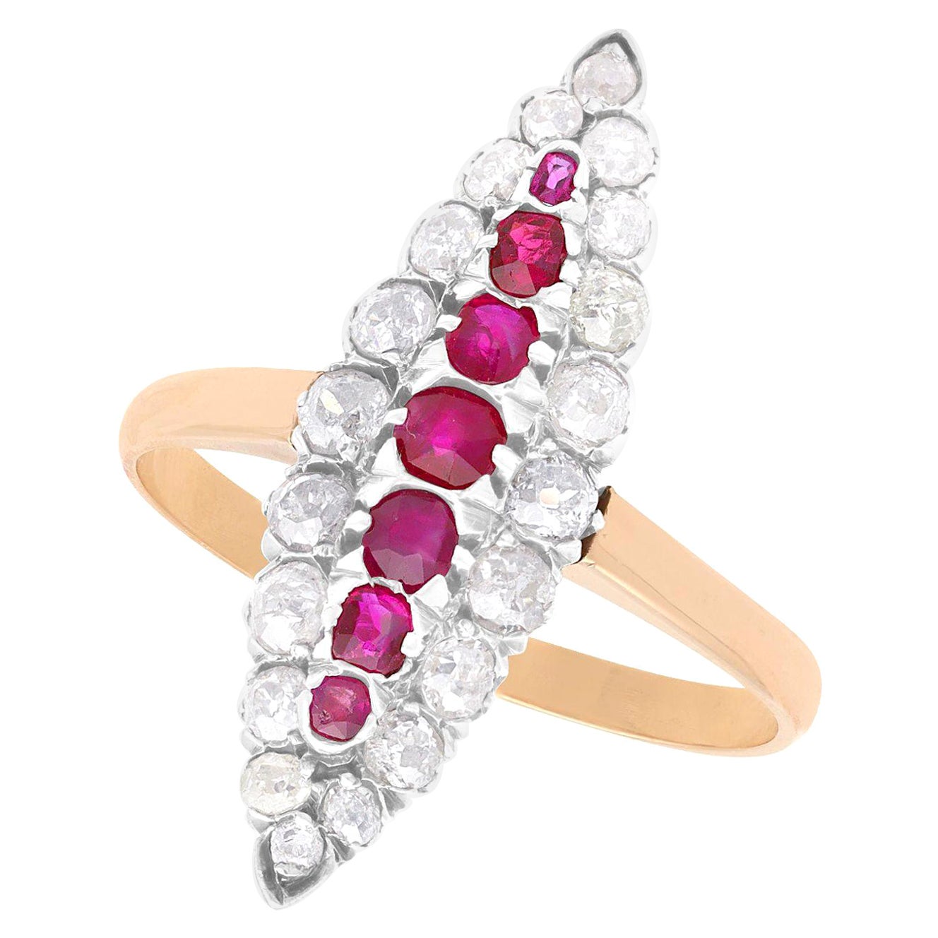 Antique Ruby and 1.42 Carat Diamond Rose Gold Cocktail Ring For Sale