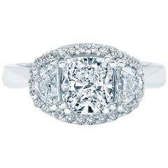 2.26 Carats GIA Cushion 3 Stone Diamonds Gold Halo Engagement Ring