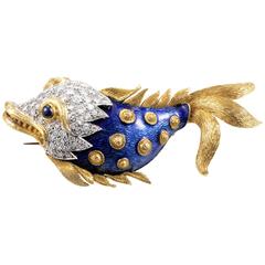 Sapphire Enamel Diamond Gold Fish Brooch