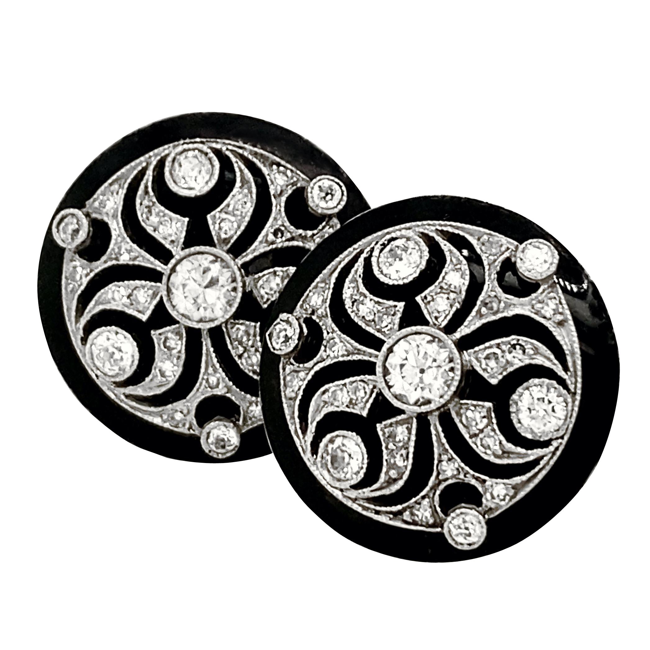 0.70 Carat Diamond Button Earrings in Platinum & Black Enamel For Sale