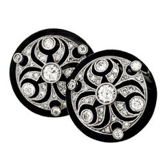 0.70 Carat Diamond Button Earrings in Platinum & Black Enamel