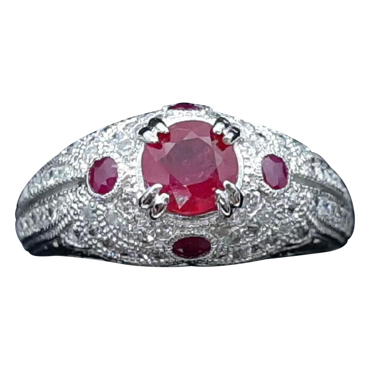 Art Deco 0.79 Carat Center Burma 'Myanmar' No Heat Ruby & Diamonds Ring Platinum For Sale