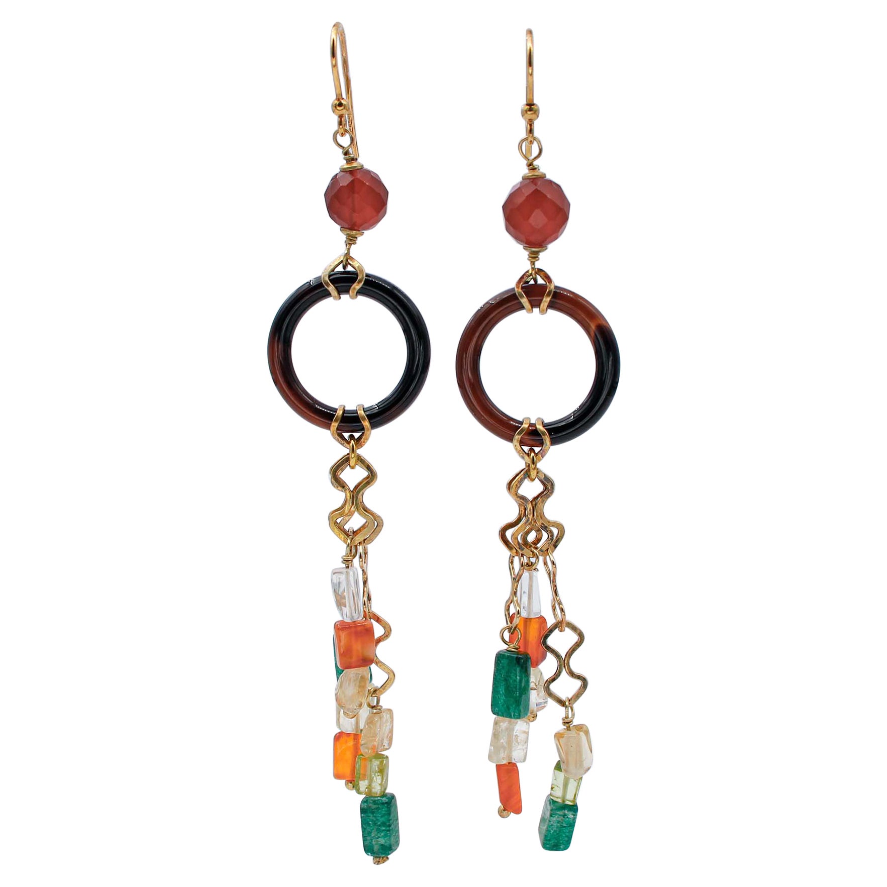 Onyx, Carnelian, Tourmaline, Dangle Retrò Earrings