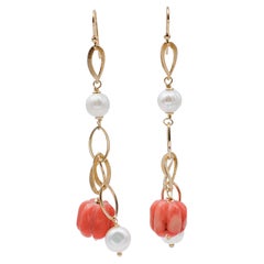 Vintage Coral, Pearls, Dangle Retrò Earrings