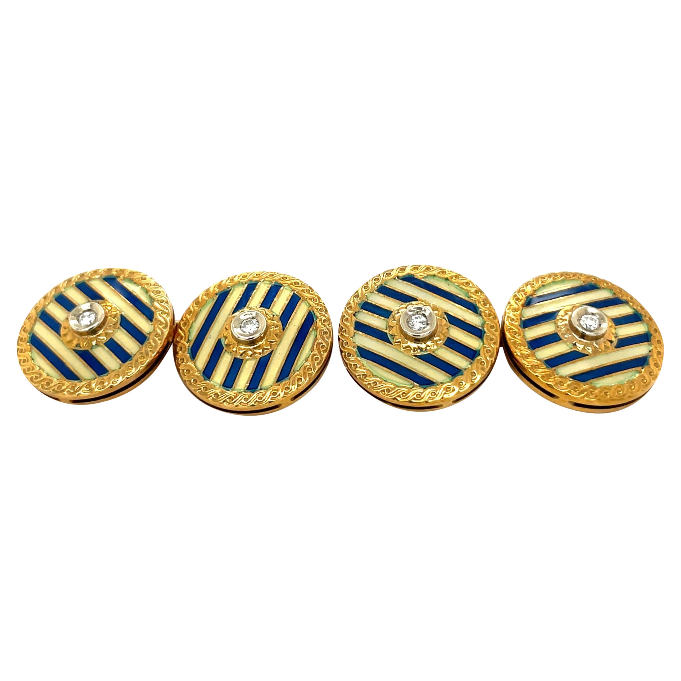 18KT Yellow Gold Blue & Cream Enamel .10CT Diamond Cuff Links For Sale