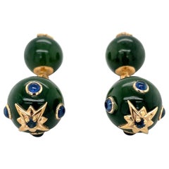 Jade Bead Cuff Links with Blue Sapphire Cabochons in 14KT Yellow Gold