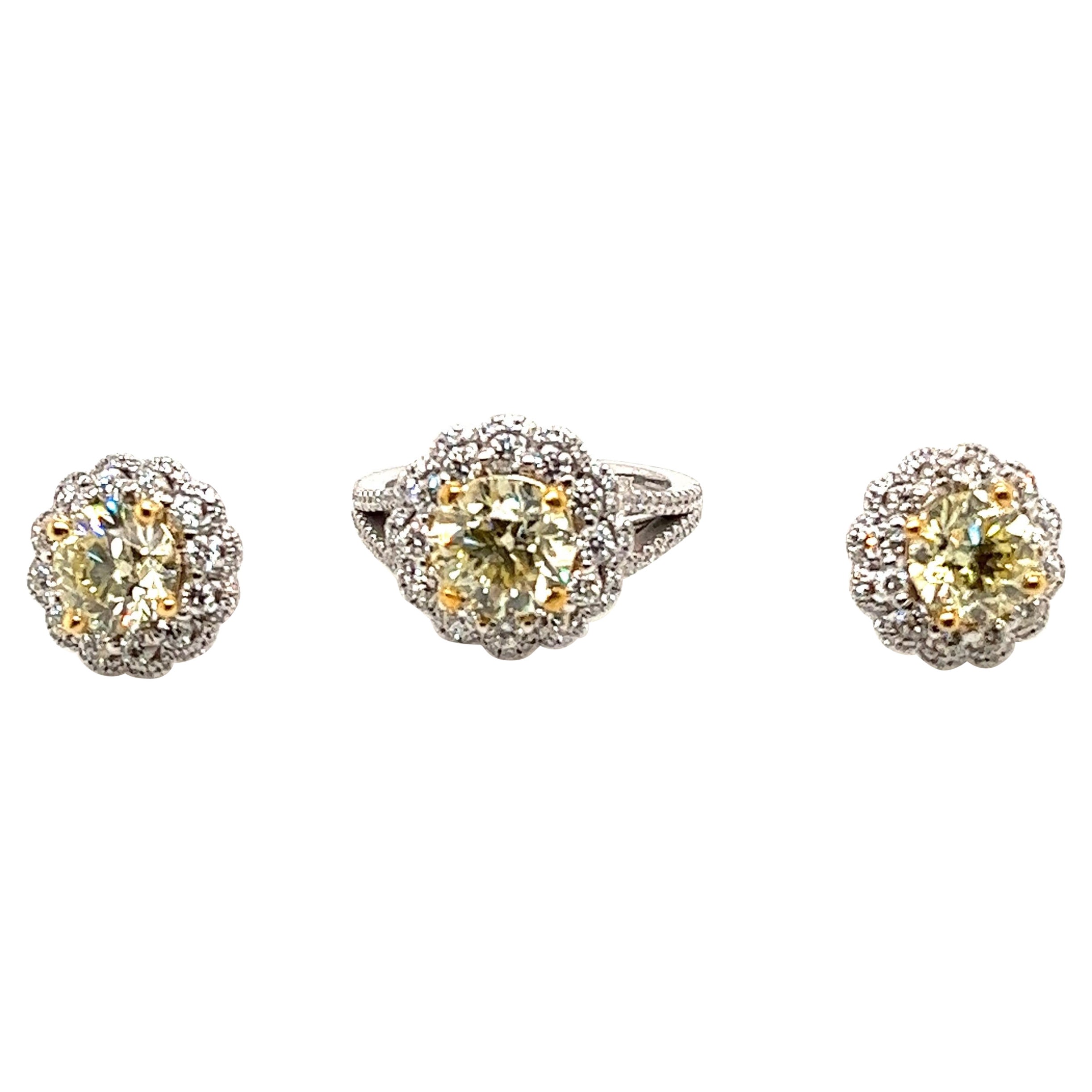 Yellow & White Diamond Earring and Ring Suite 6.55 Carats 18 Karat Gold 