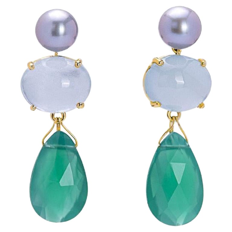 Mint Green Drops Agate Blue Topaz 18k Yellow Gold Dangle Deco Style Earrings
