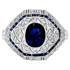 Art Deco Style Oval Sapphire Diamond 2.51 TCW Platinum Engagement Handmade Ring