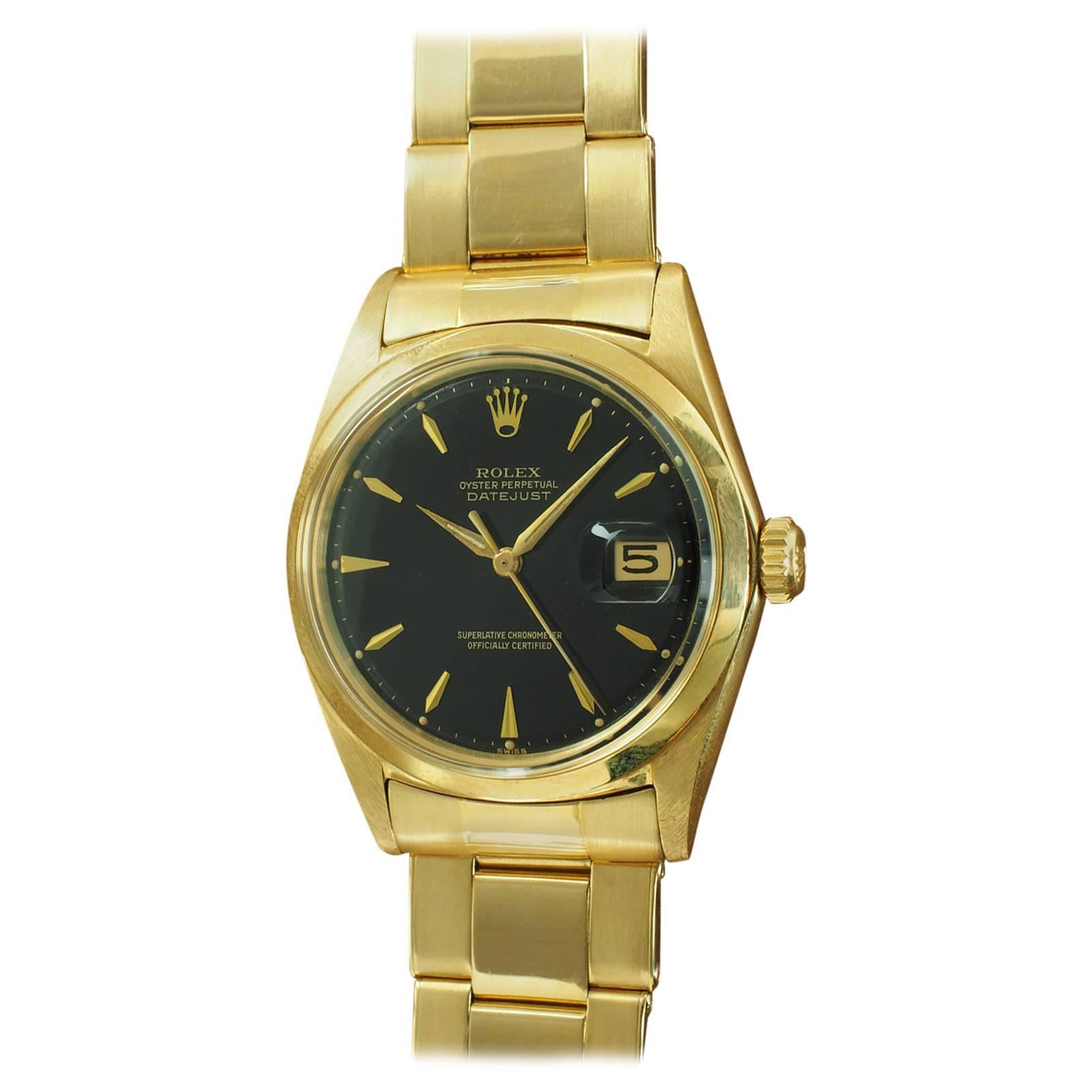 Rolex Yellow Gold Black Dial Datejust Wristwatch Ref 1600 For Sale