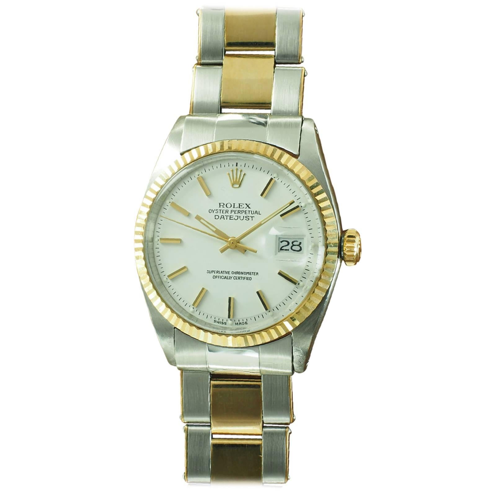 Rolex Yellow Gold Stainless Steel White Dial Datejust Wristwatch Ref 1601  For Sale