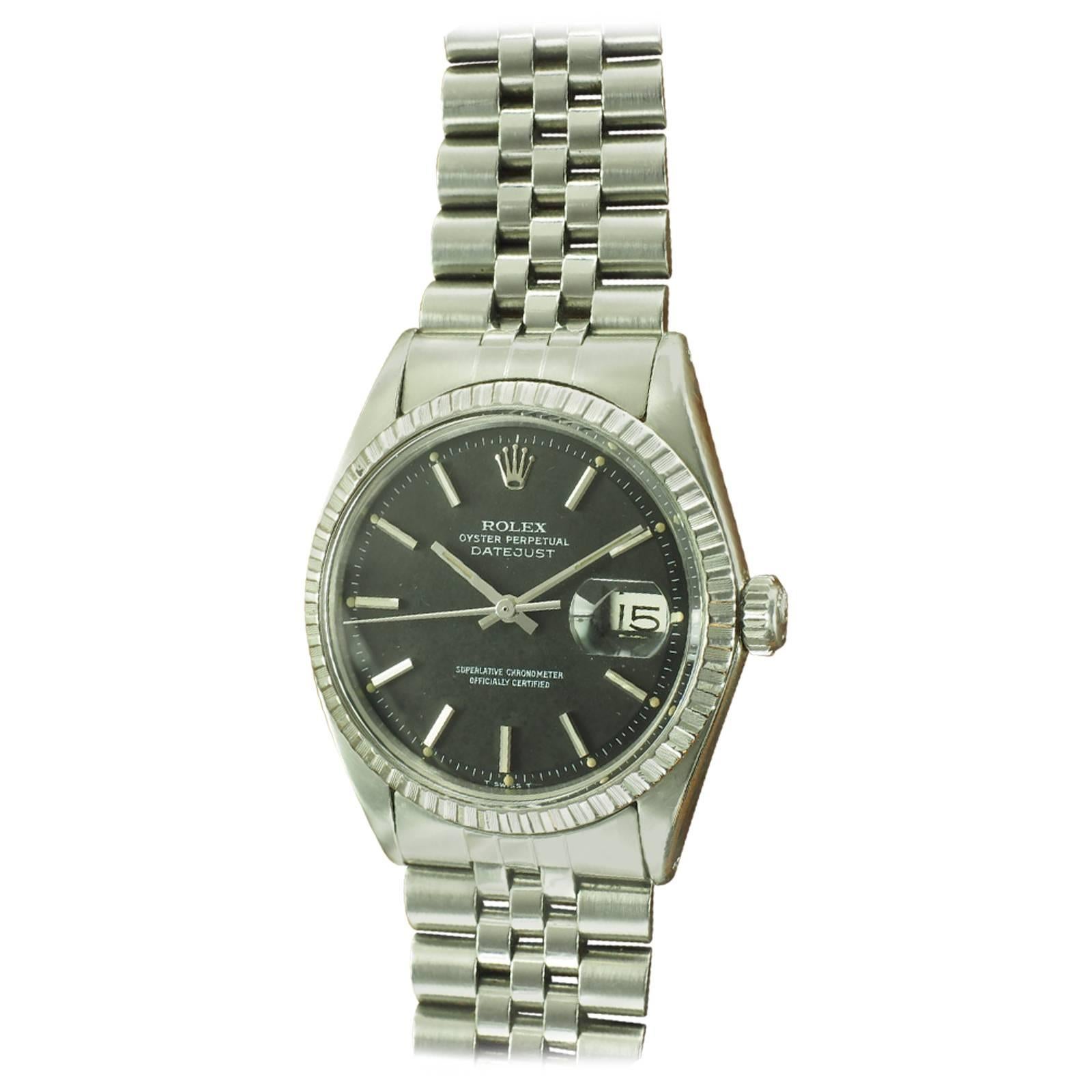 Rolex Stainless Steel Black Dial Datejust Wristwatch Ref 1603