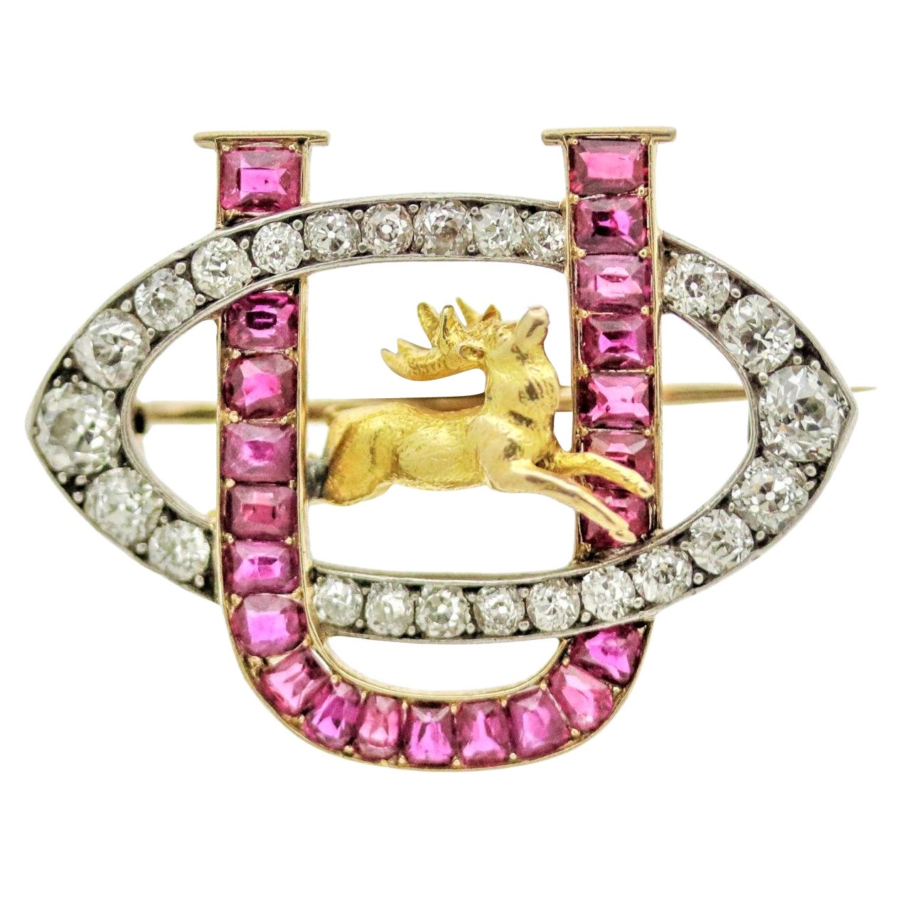 Antique Ruby Diamond Gold-Stag Brooch, Circa 1890 For Sale