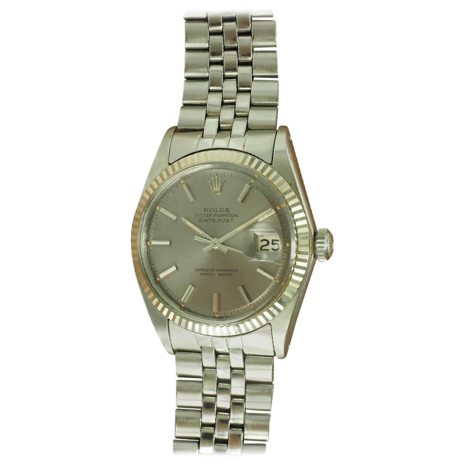 Rolex White Gold Stainless Steel Datejust Fluted Bezel Wristwatch Ref 1601 For Sale