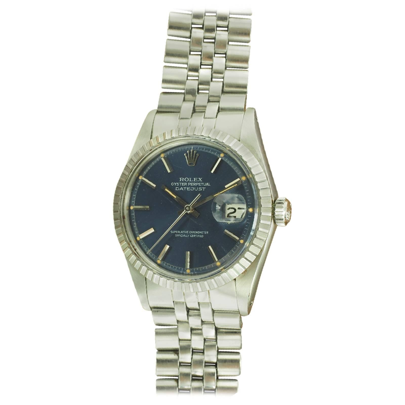 Rolex Stainless Steel Galvanized Blue Dial Datejust Wristwatch Ref 1603  For Sale