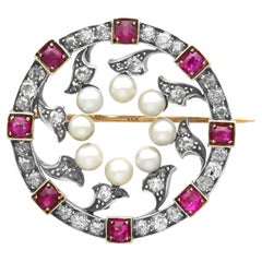 Victorian Ruby and 1.54 Carat Diamond Natural Pearl and Yellow Gold Brooch