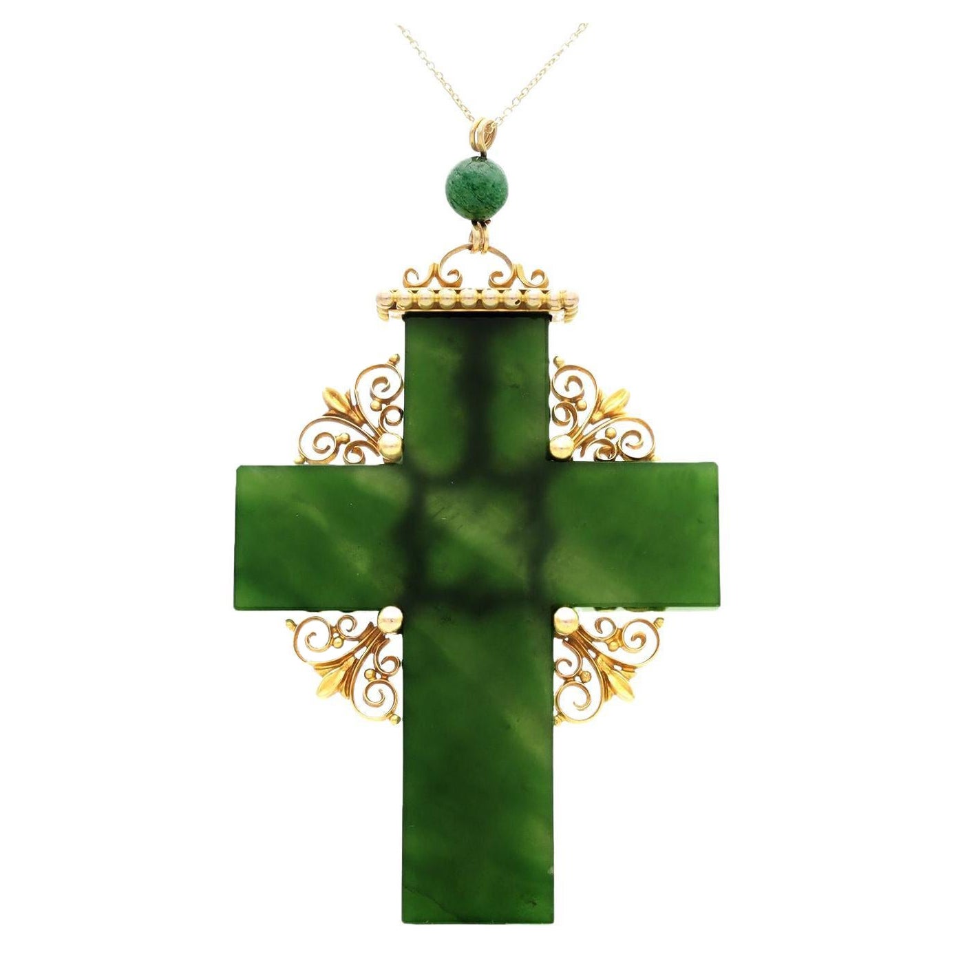 Antique 39.32 Carat Nephrite and Yellow Gold Cross Pendant For Sale