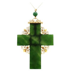 Antique 39.32 Carat Nephrite and Yellow Gold Cross Pendant