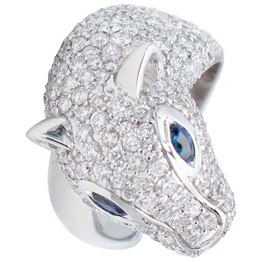 Saphirs bleus en forme de guépard, diamants et or blanc 18 carats  Anneau.