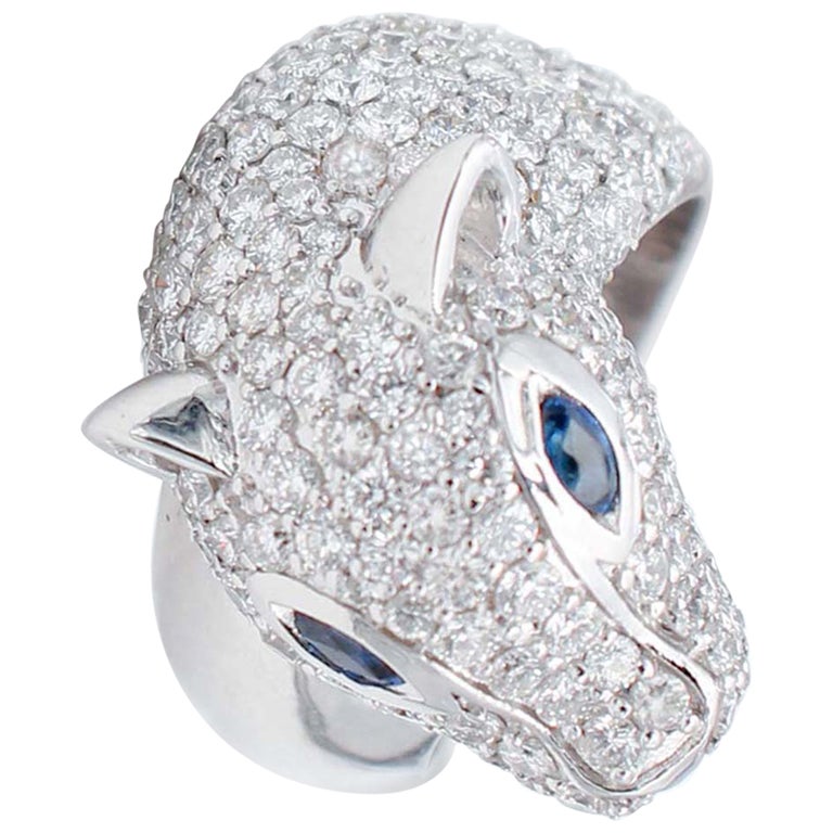 Blue Sapphires,Diamonds,18 Karat White Gold Cheetah Shape  Ring. For Sale