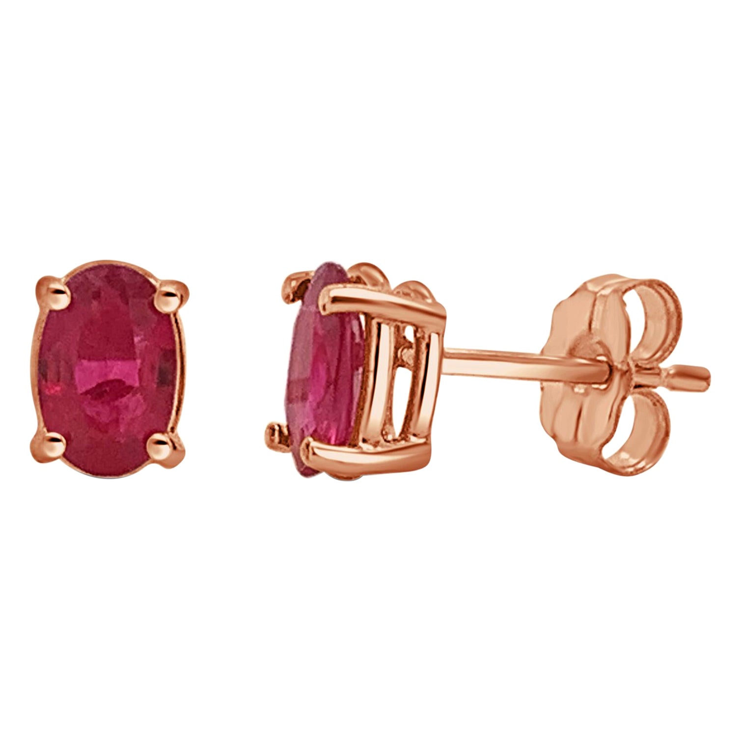 14 Karat Rose Gold 1.11 Carat Red Ruby Oval Shape Stud Earrings For Sale
