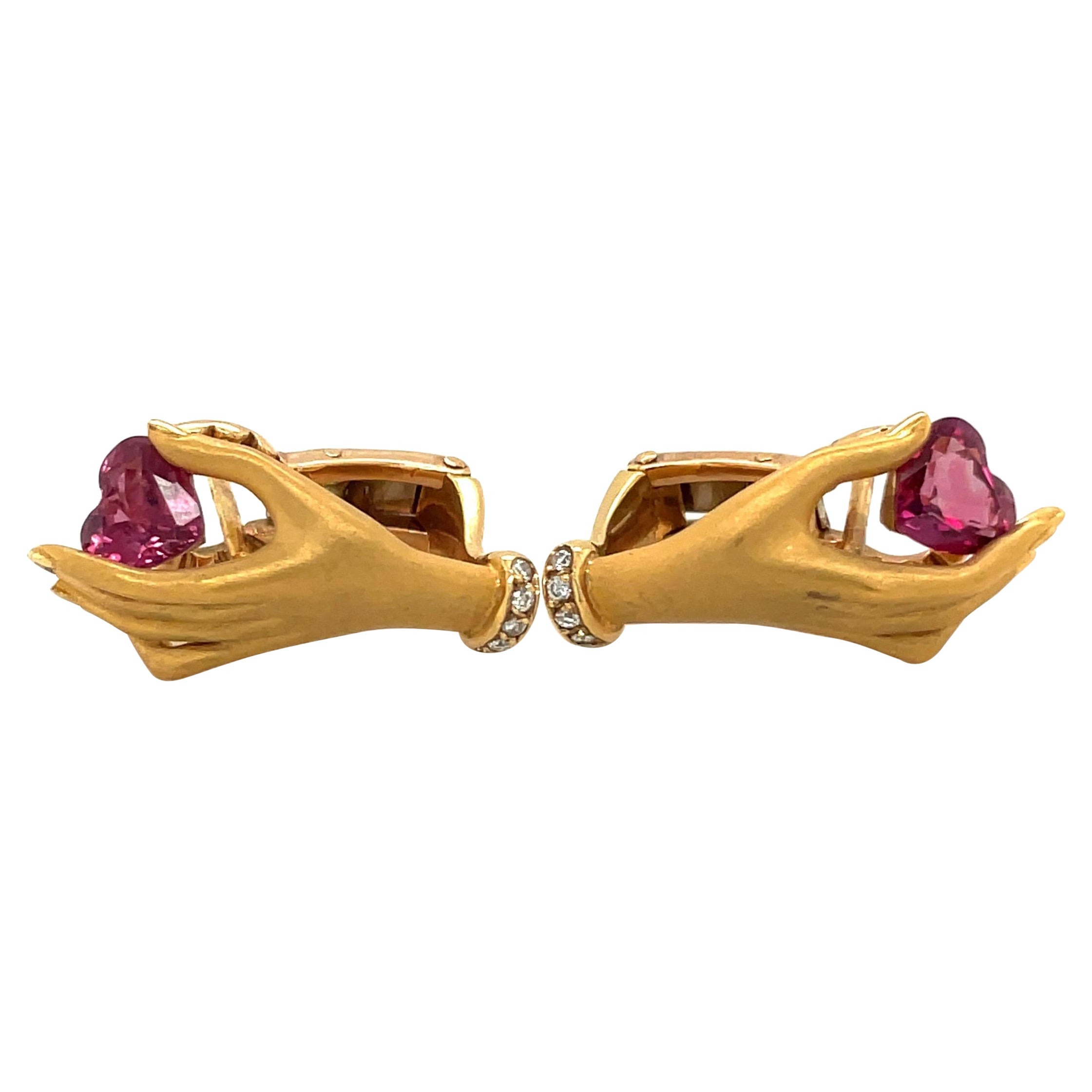 Carrera Y Carrera 18 KT YG Hand Earrings 1.40Ct Ruby Heart .06Ct Diamond For Sale