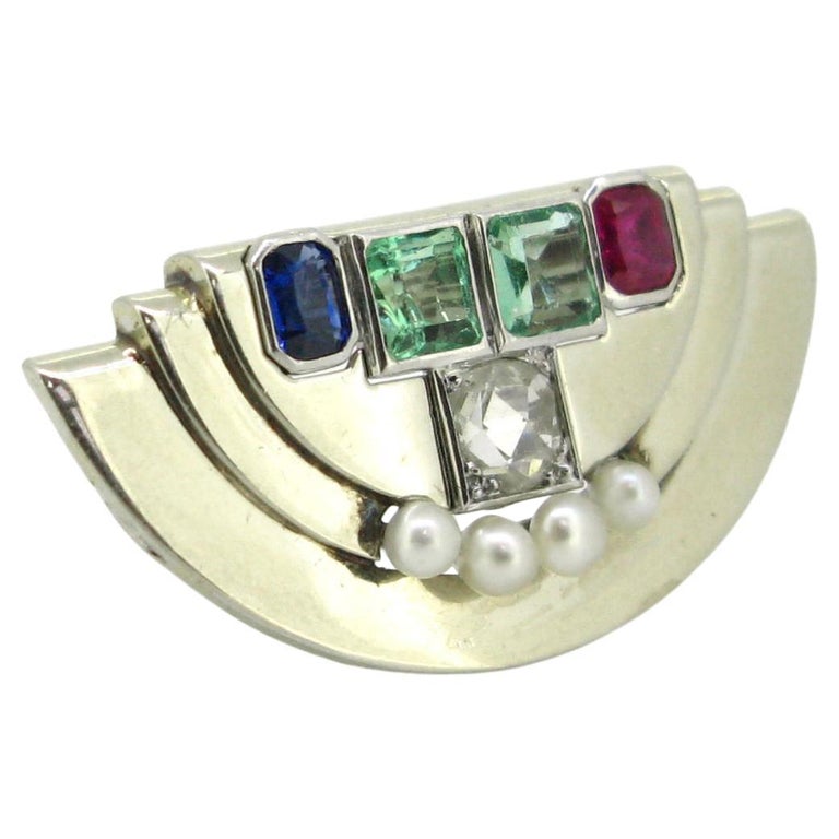 Art Deco Emerald, Ruby, Sapphire and Pearl Gold Platinum Clip Brooch For Sale