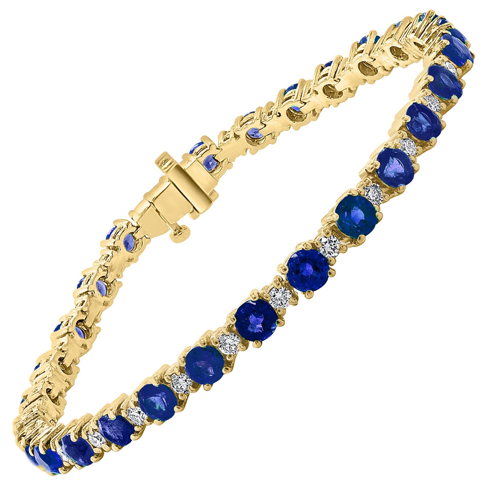 Bracelet tennis en or jaune 14 carats avec saphirs et diamants alternés de 7,80 carats