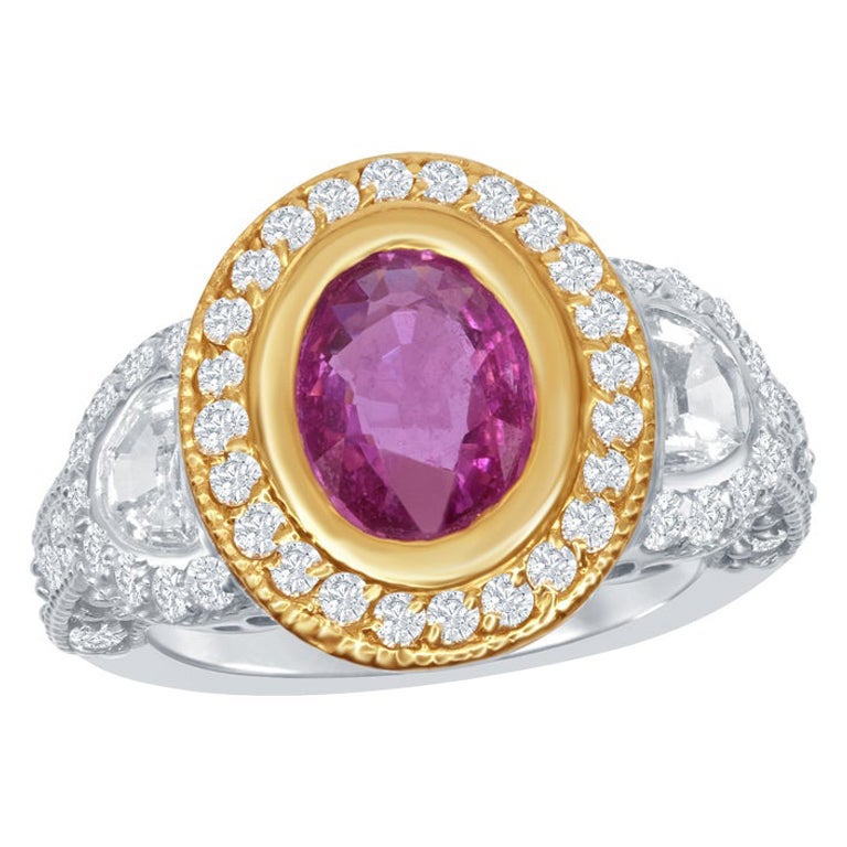 1.89 Carat Oval Cut Pink Sapphire and Diamond Ring in 14K Mix For Sale