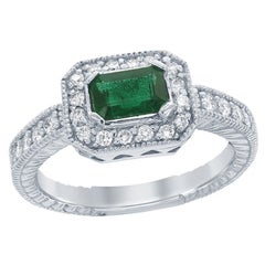 0.70 Carat Emerald-Cut Emerald and Diamond Ring in 14K White Gold