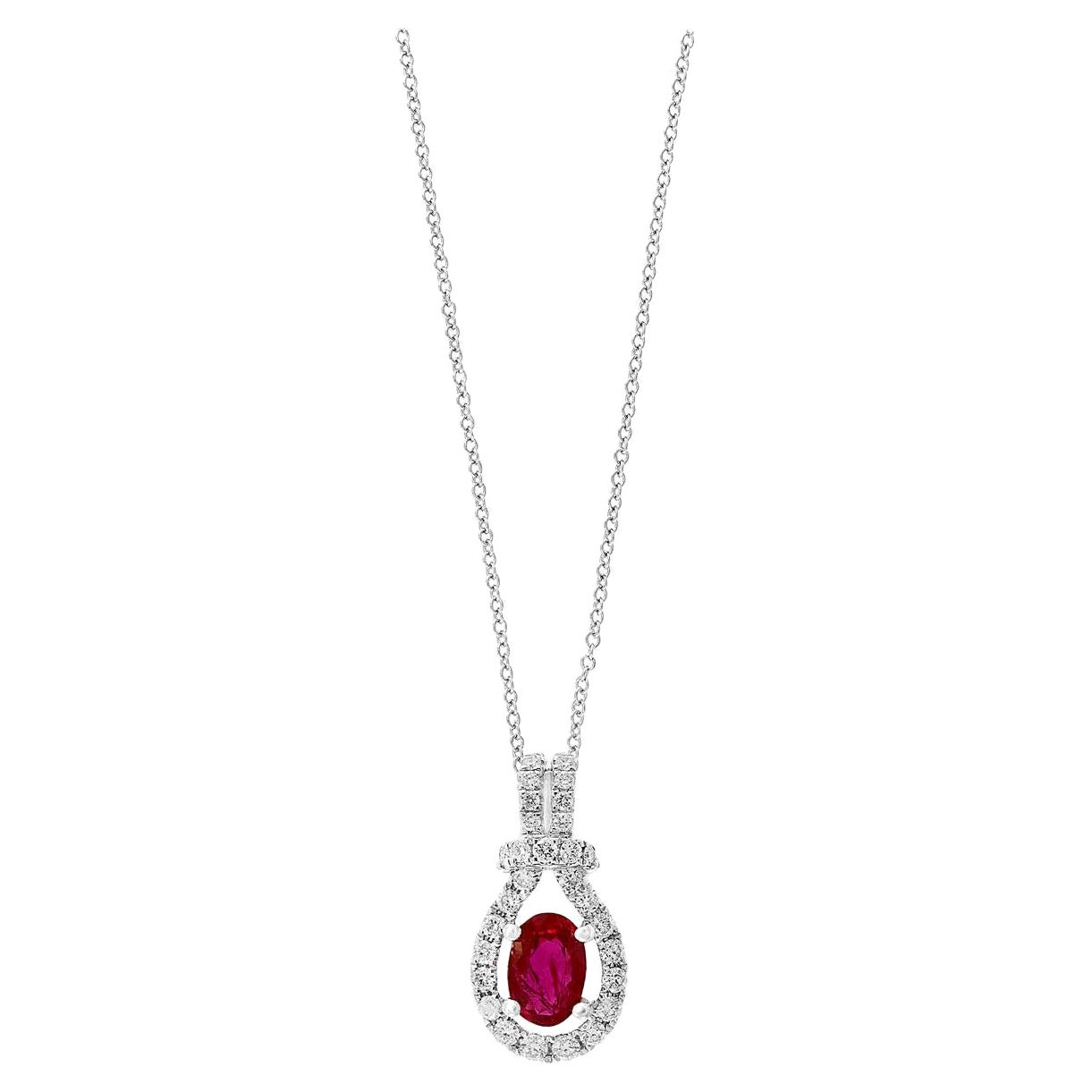 0.51 Carat Pear Shape Ruby and Diamond Drop Pendant in 18K White Gold