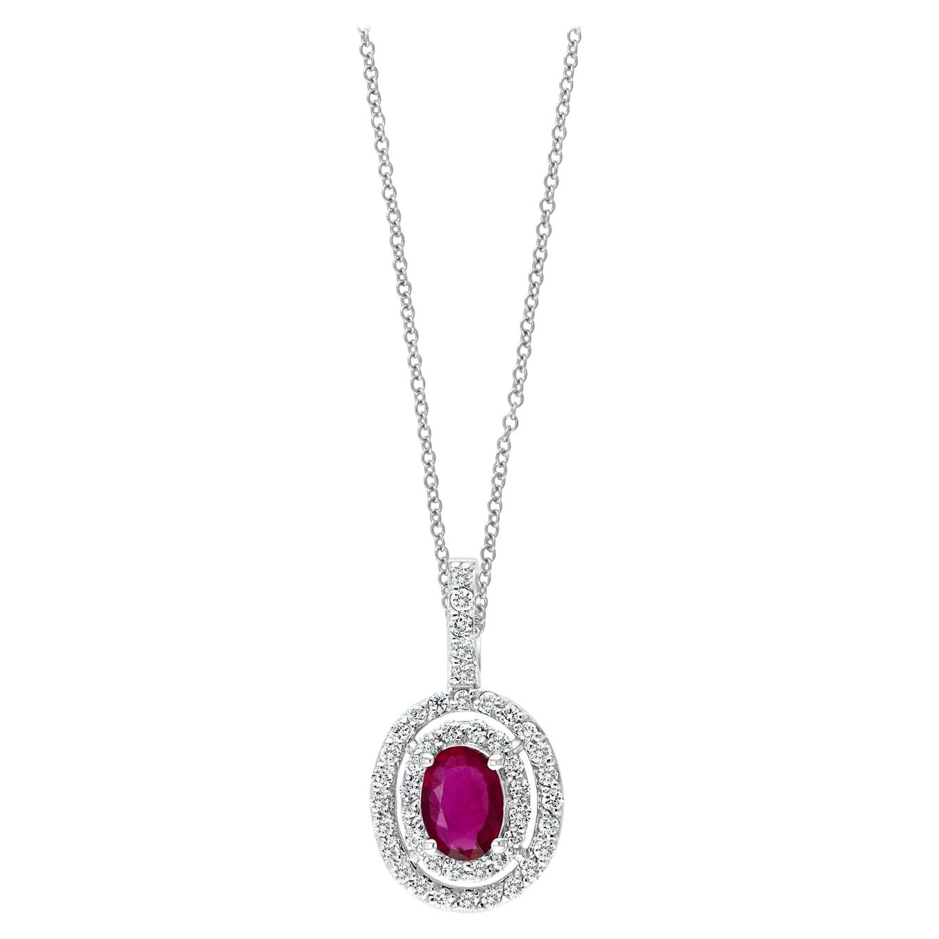 Grandeur 0.81 Carat Oval Cut Ruby and Diamond Pendant in 14K White Gold For Sale