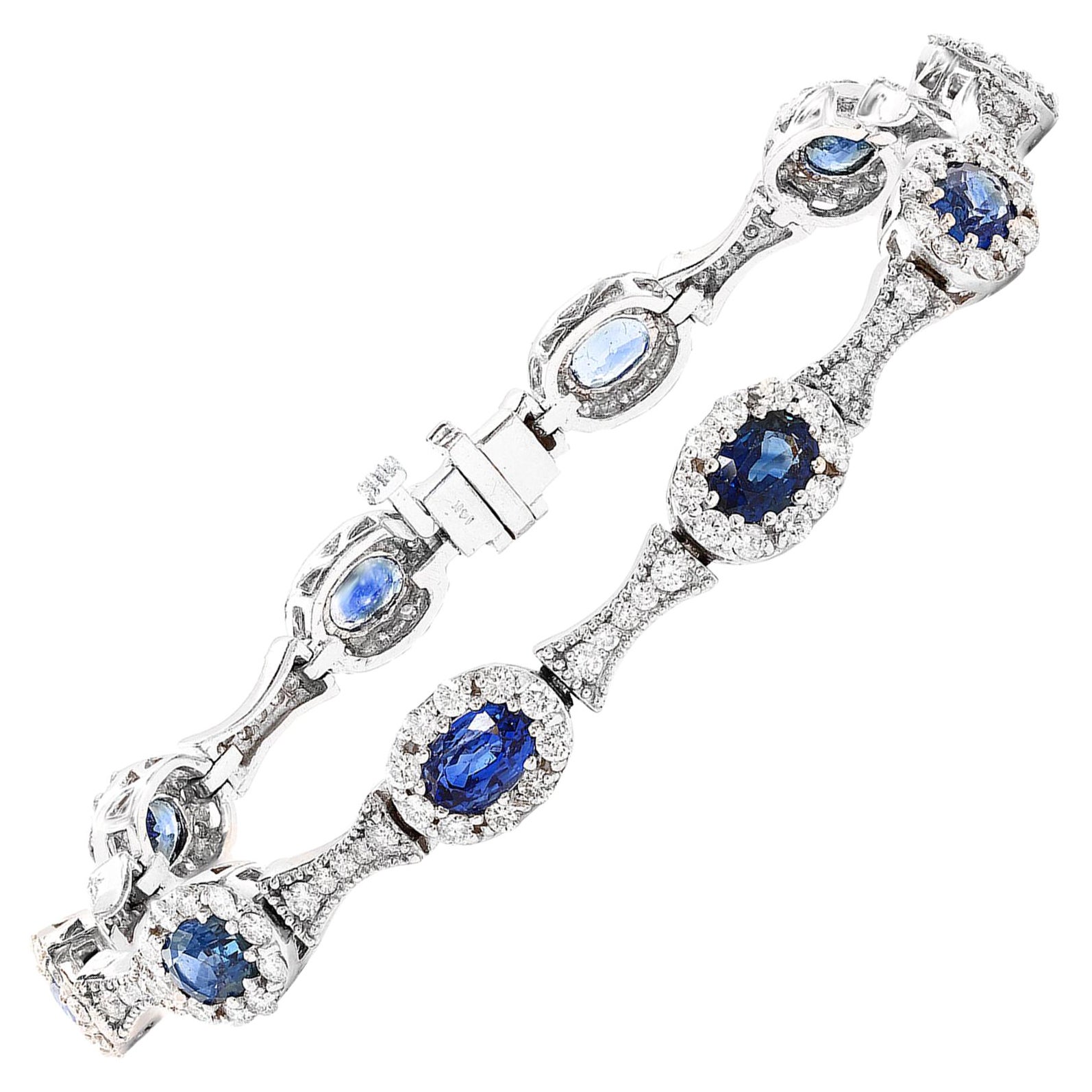 6.19 Carat Oval Cut Blue Sapphire Diamond Bracelet in 14K White Gold