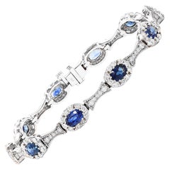 6.19 Carat Oval Cut Blue Sapphire Diamond Bracelet in 14K White Gold