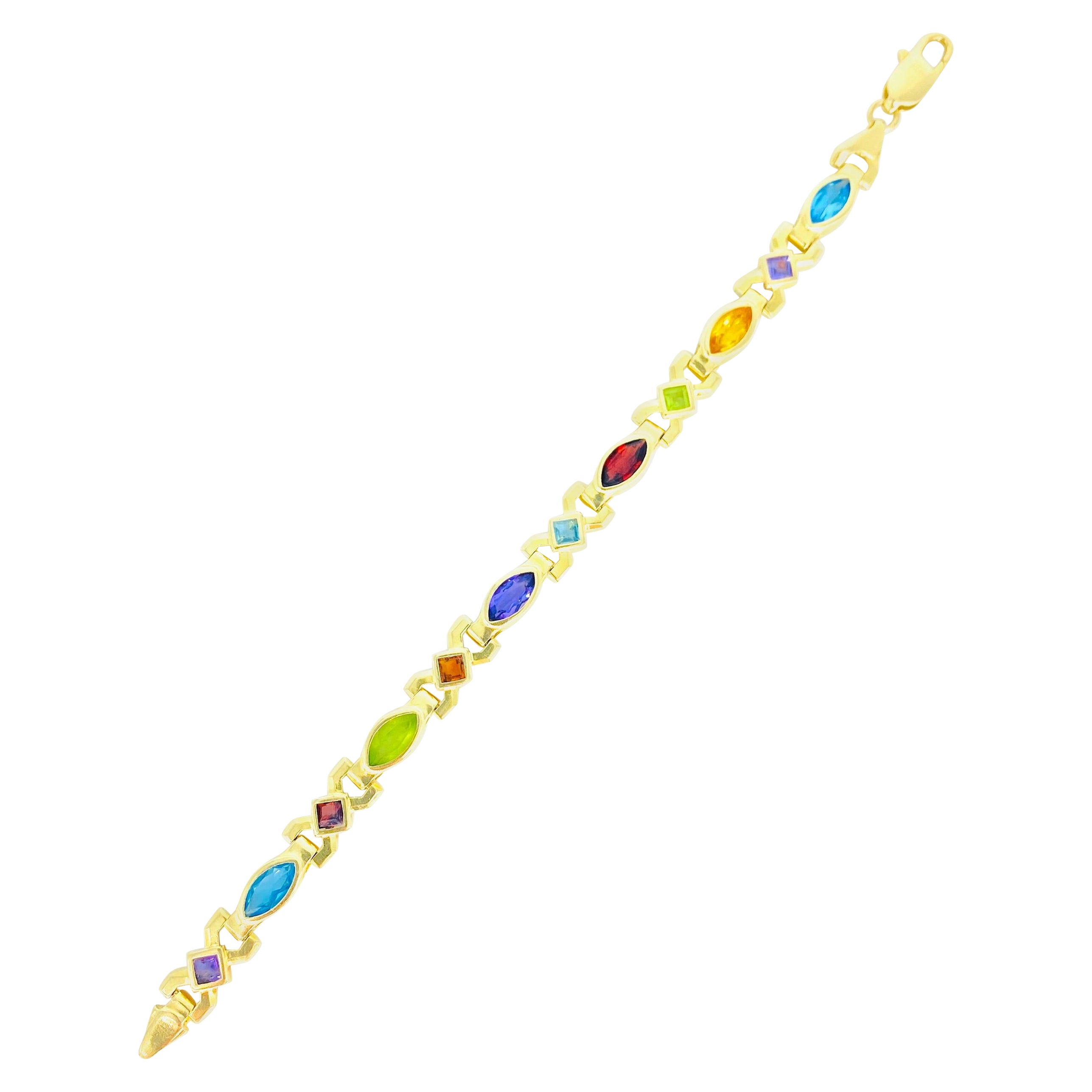 Bracelet vintage en or 14 carats avec pierres précieuses multicolores de formes mélangées en vente