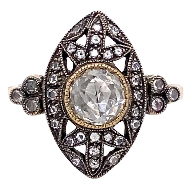 Gold Rose Cut Diamond Ring Art Deco Revival For Sale