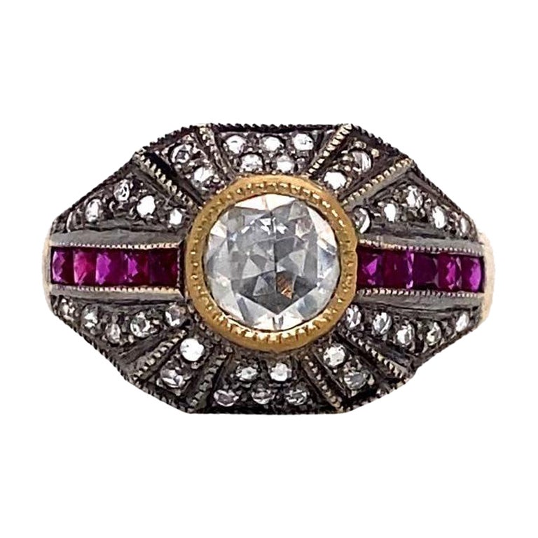 Rose Cut Diamond and Ruby Ring Art Deco For Sale
