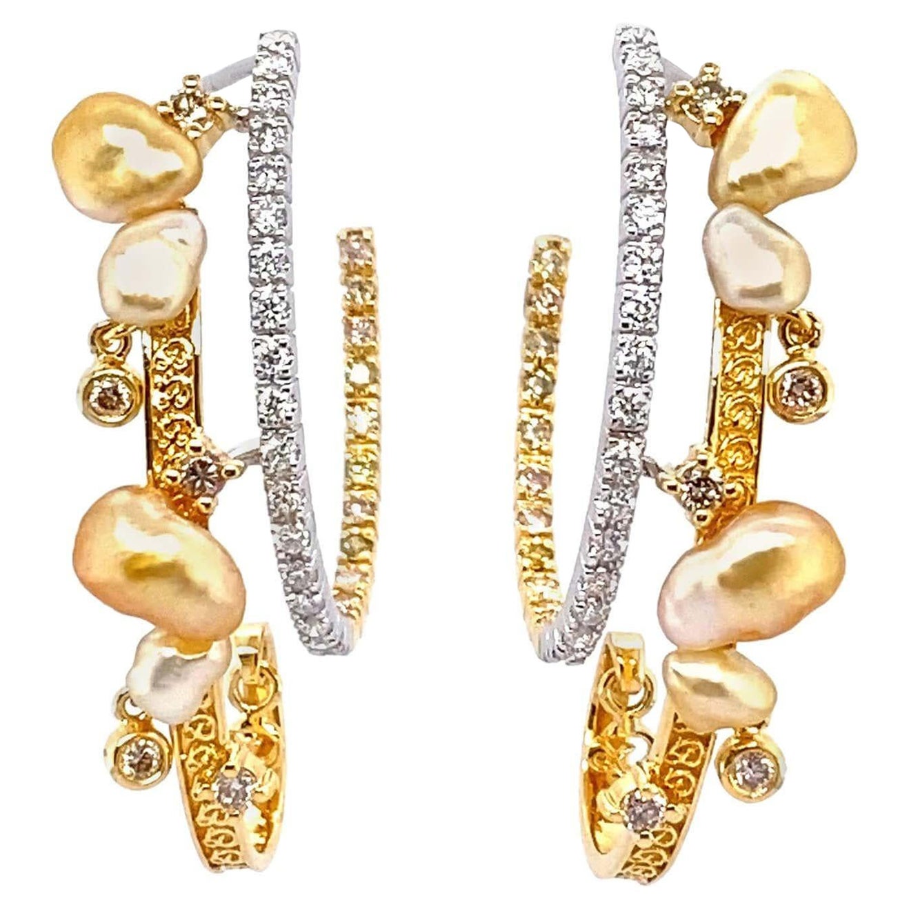 Keshi Pearl and Diamonds Hoop Earrings in 18 Karat Gold
