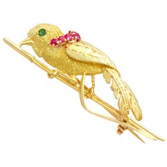 Vintage French Ruby and Emerald 18k Yellow Gold Bird Brooch