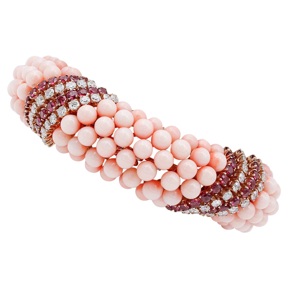 Pink Coral, Garnet, Diamonds, 14 Karat Rose Gold Bracelet.