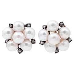 Diamonds,Pearls,14 Kt and 9 Karat Rose Gold and Silver Retrò Earrings.