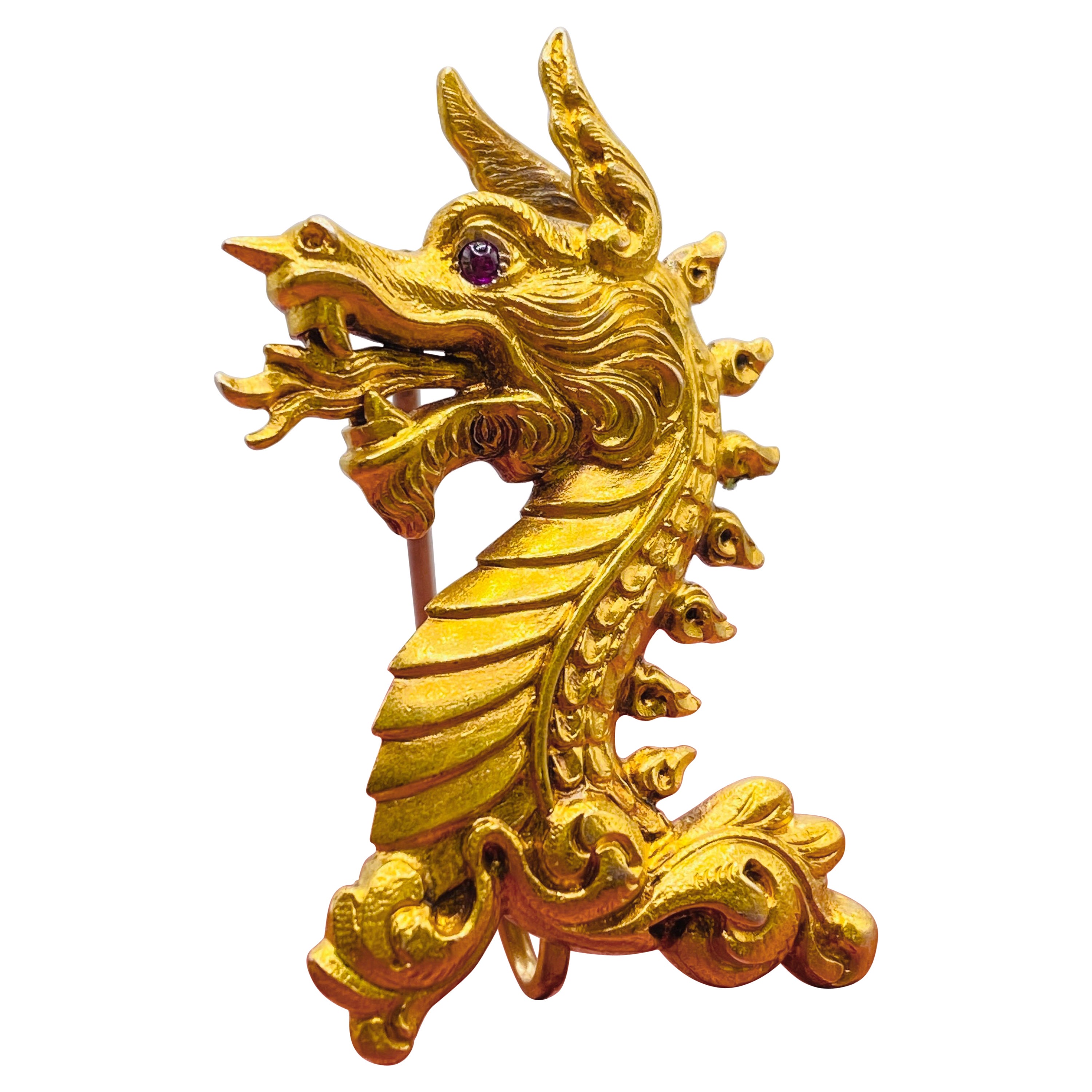Yellow Gold Dragon Pin with Ruby Cabochon Eye For Sale